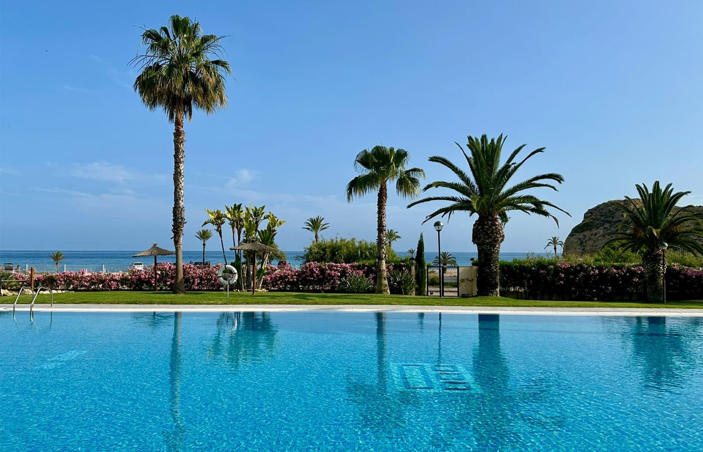 The Paraiso Beach swimming pool with palm trees and a view of the sea